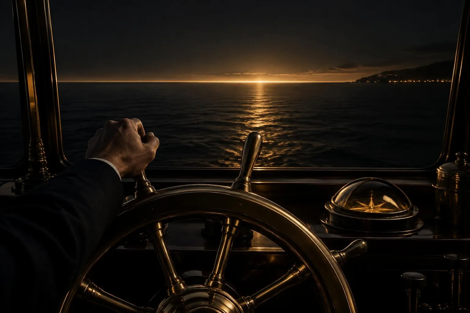 Mão segurando o leme de um navio diante de um mar escuro, com horizonte dourado ao fundo, guiando a direção