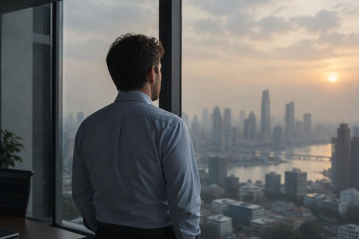 Executivo de camisa azul diante de uma janela com vista para a cidade, iluminada pela luz natural de fim de tarde