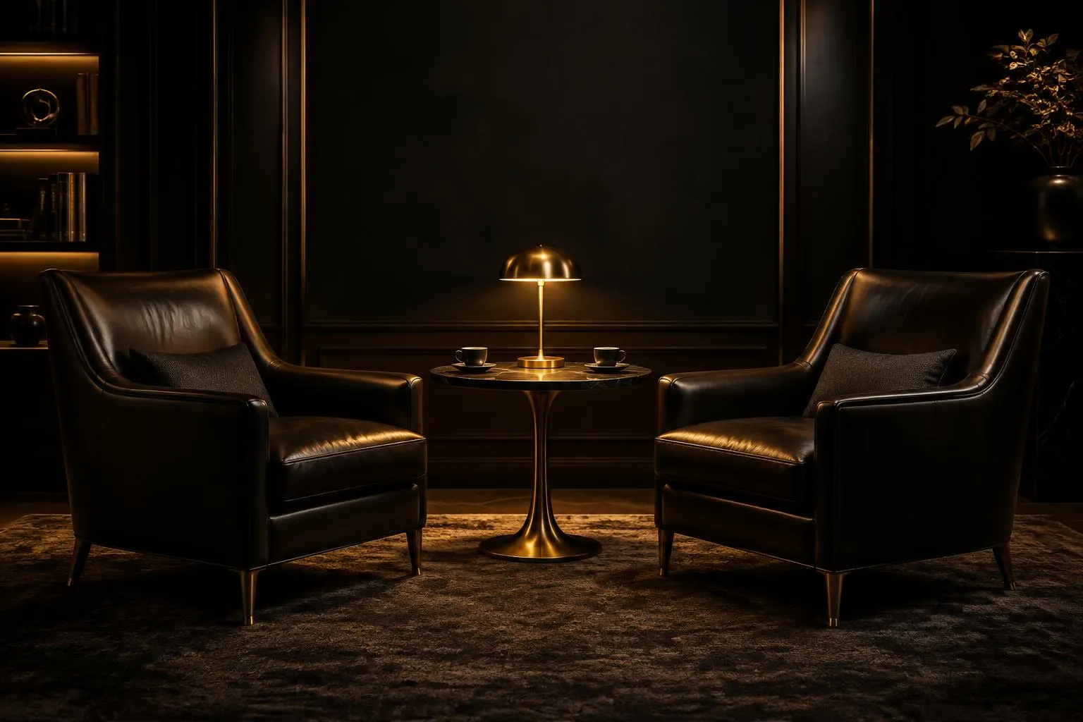 Lounge privado e sofisticado com duas poltronas de couro frente a frente, lâmpada dourada e duas xícaras de café sobre uma mesinha