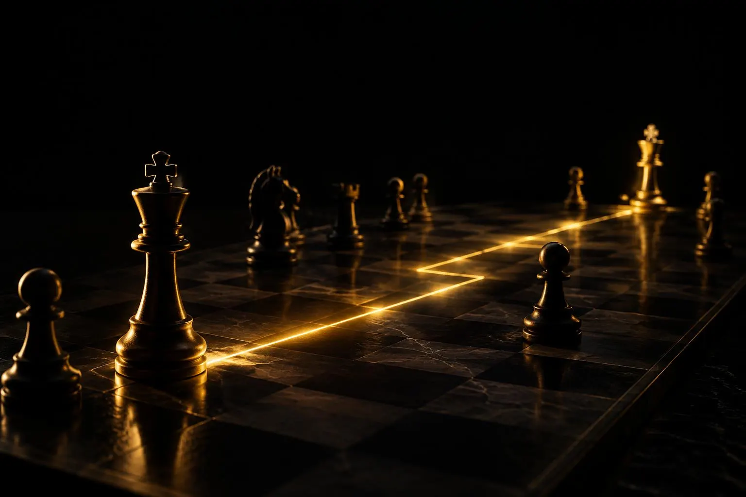 Tabuleiro de xadrez escuro com peças iluminadas em dourado e um caminho de luz entre elas, representando escolhas estratégicas