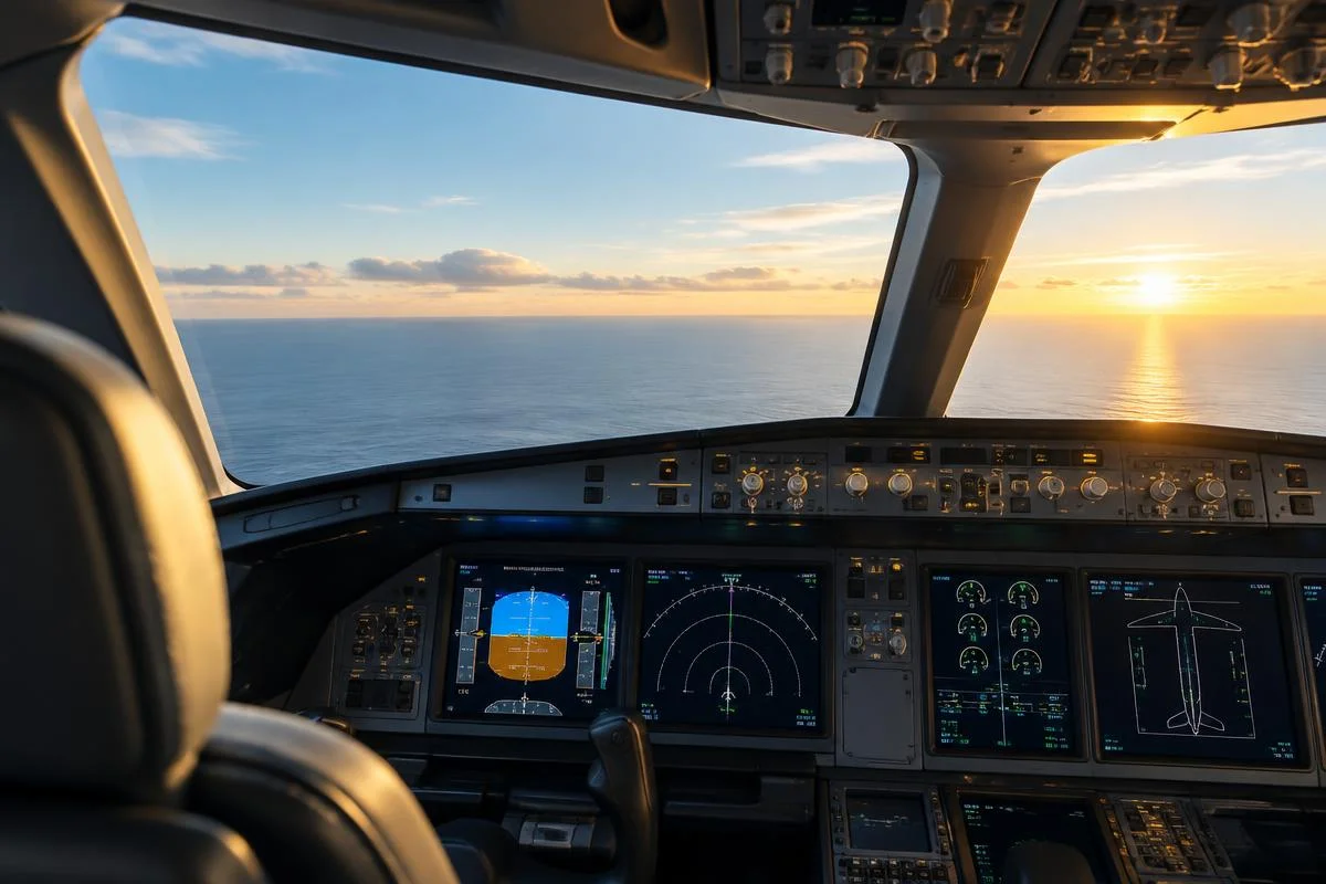 Cabine de avião com instrumentos de voo e vista do mar e do céu claro, iluminados pelo sol no horizonte