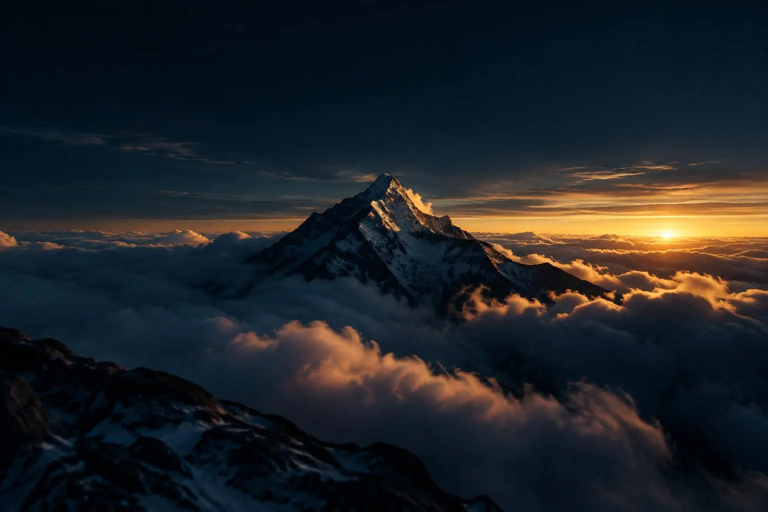 Montanha acima das nuvens ao amanhecer