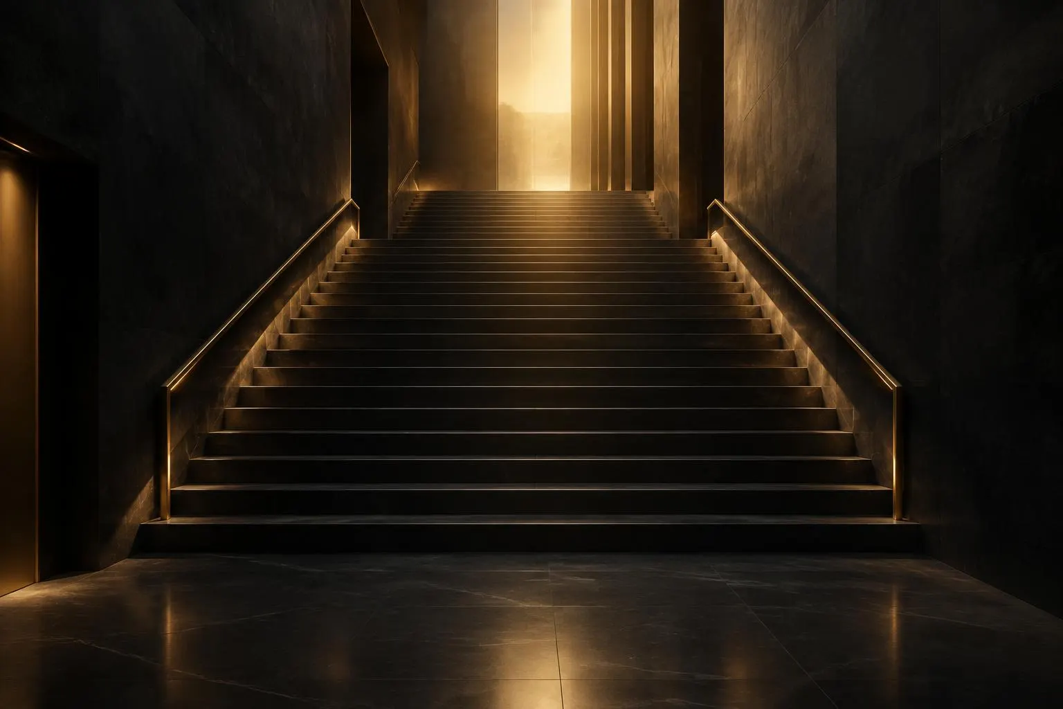 Escadaria de pedra escura ascendendo em direção a uma luz dourada